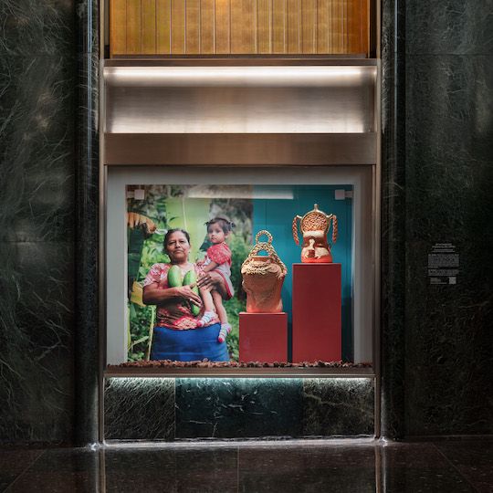 Two terracotta vessels by artist Joel Gaitan at Rockefeller Center