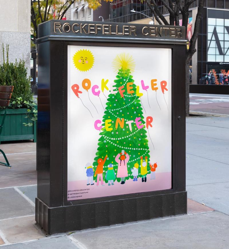 Holiday vinyl mural by artist Lorraine Nam on display at Rockefeller Center