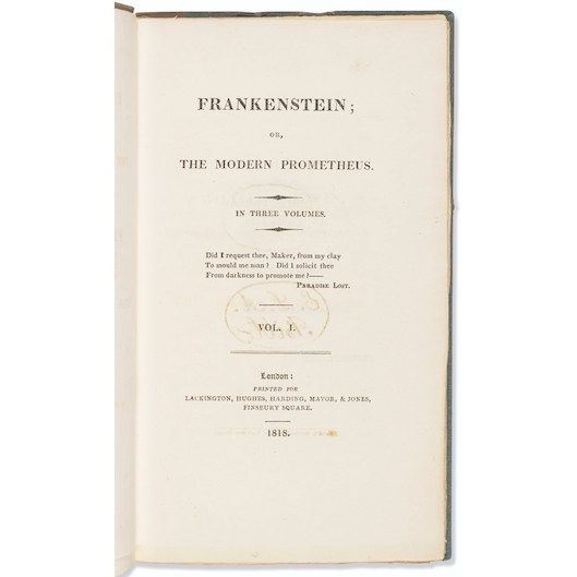 First page of the record-breaking first edition of Mary Shelley's Frankenstein