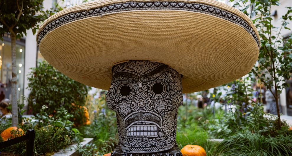 Sugar skull wearing a sombrero in The Channel Gardens