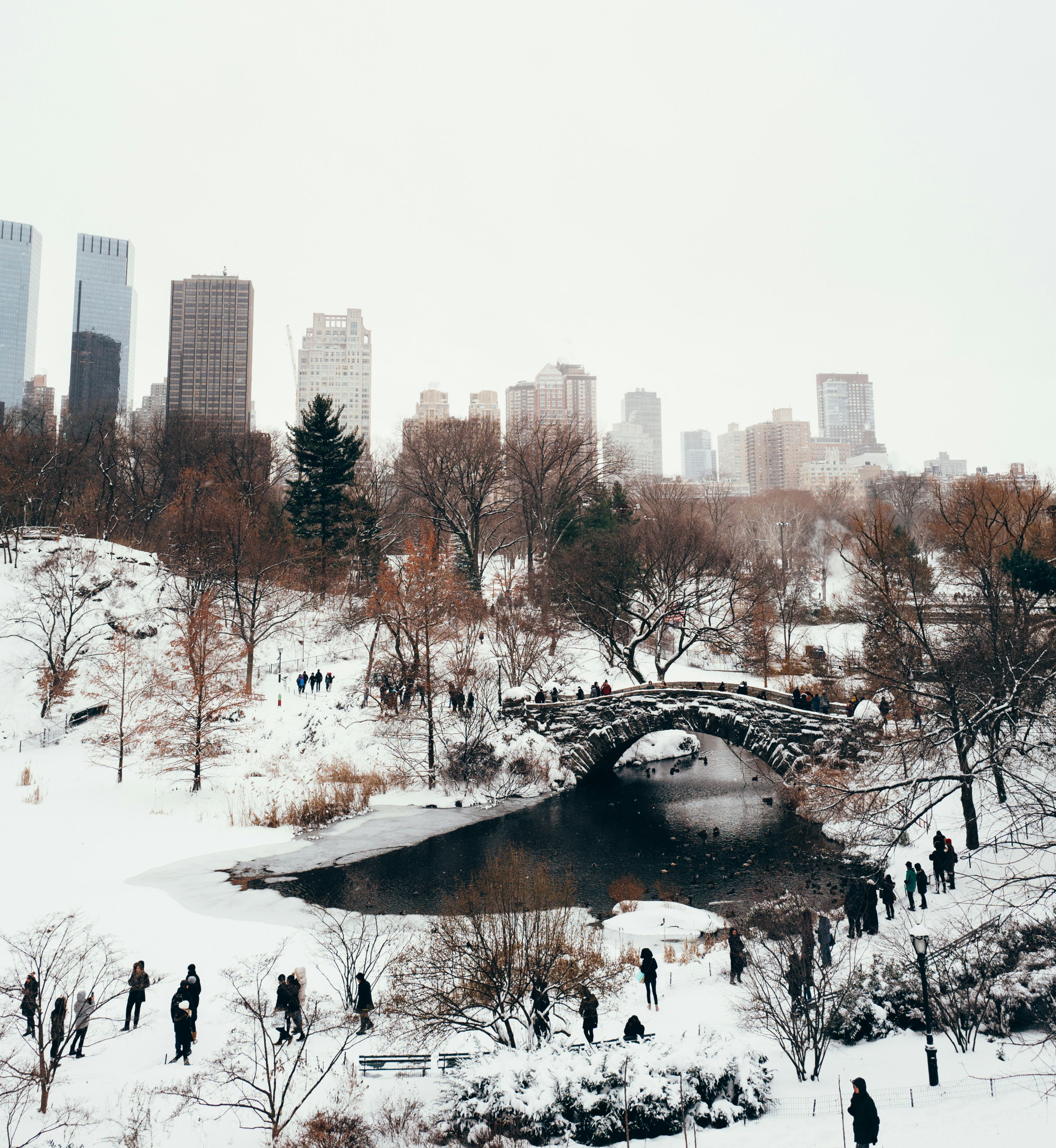 People walking around Central Park covered in snow