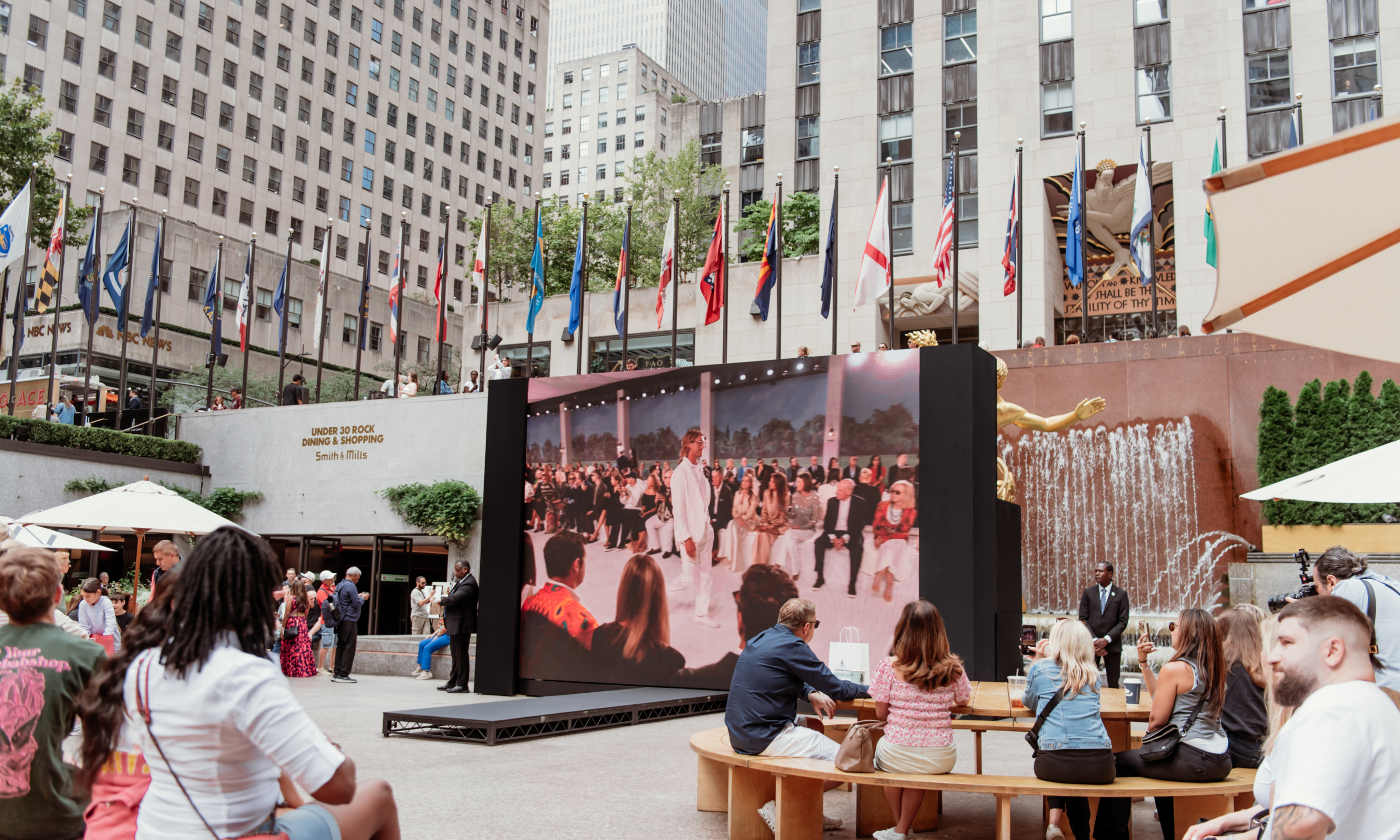 Large screen livestreaming a NYFW show at The Rink