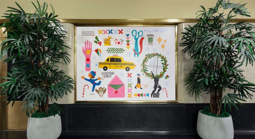 Holiday illustrations by artist Lisa Congdon on display at Rockefeller Center