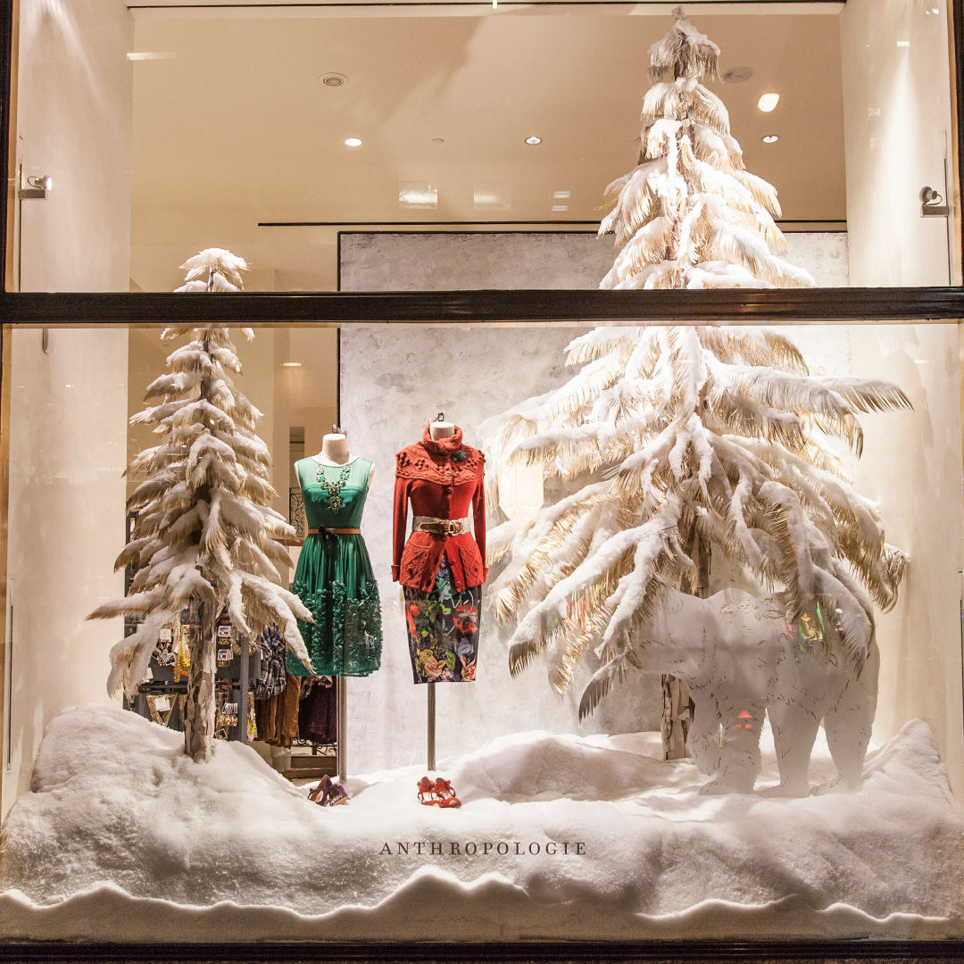 A winter window display at the Anthropologie store at Rockefeller Center