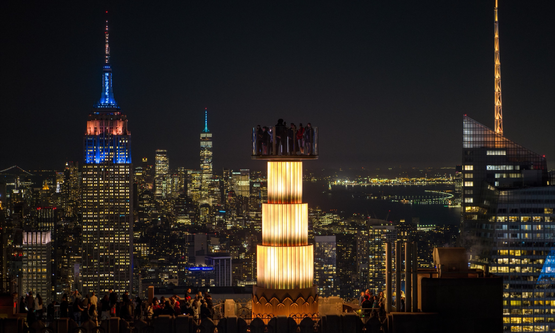 An aerial view of Top of the Rock's Skylift attraction at night