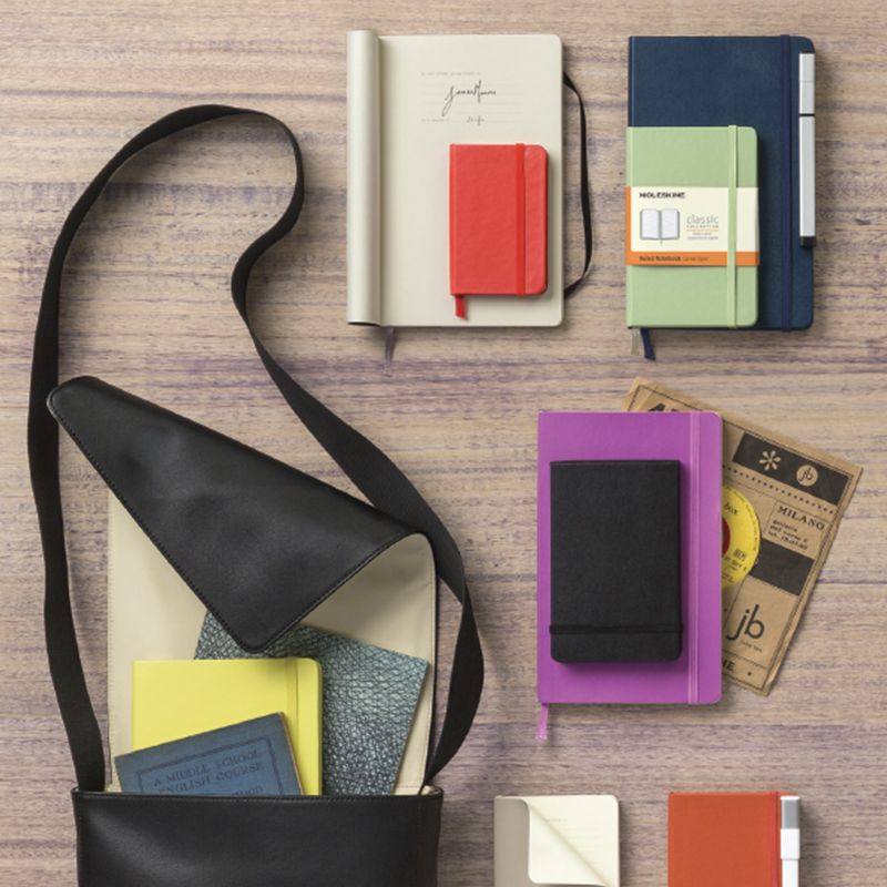 Moleskine notebooks and pads inside a leather bag