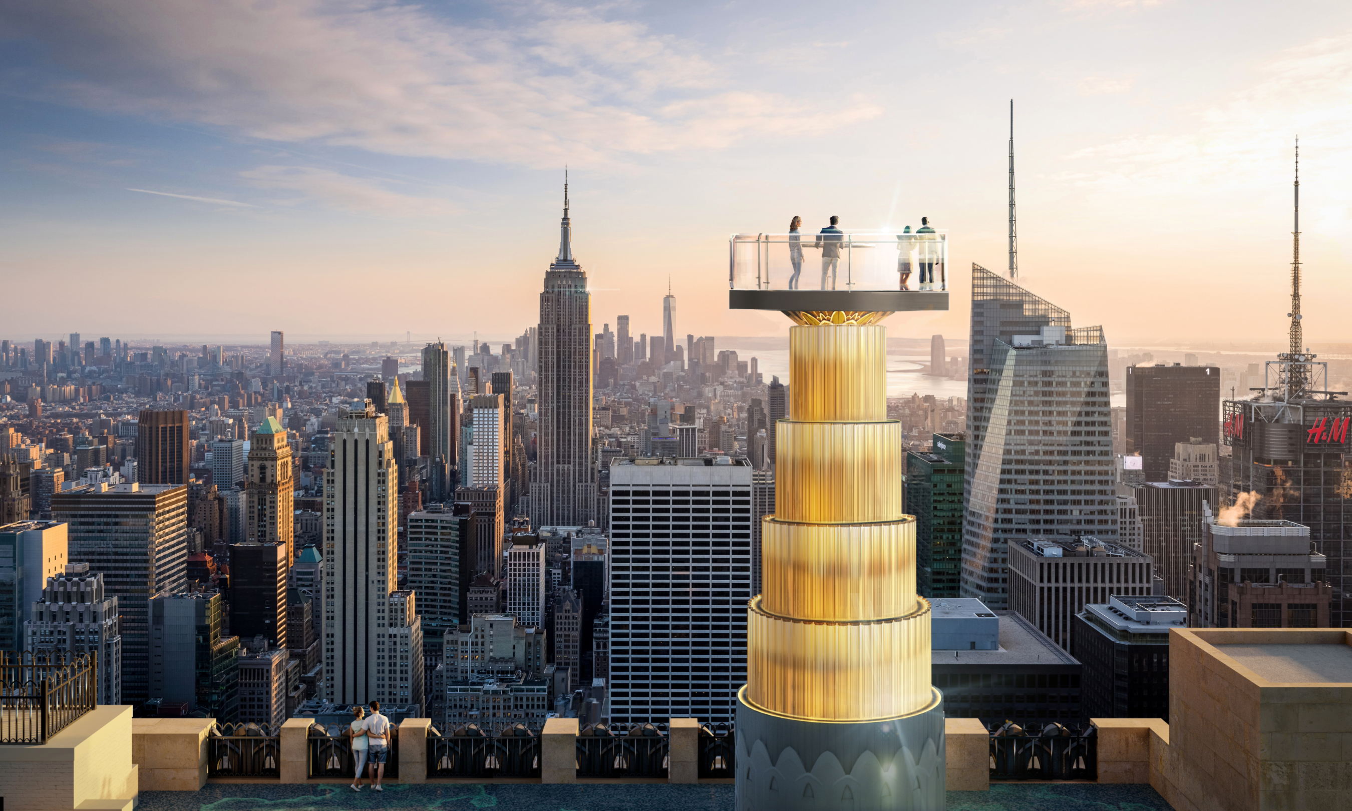Rendering of four people on Skylift at Top of the Rock at sunset