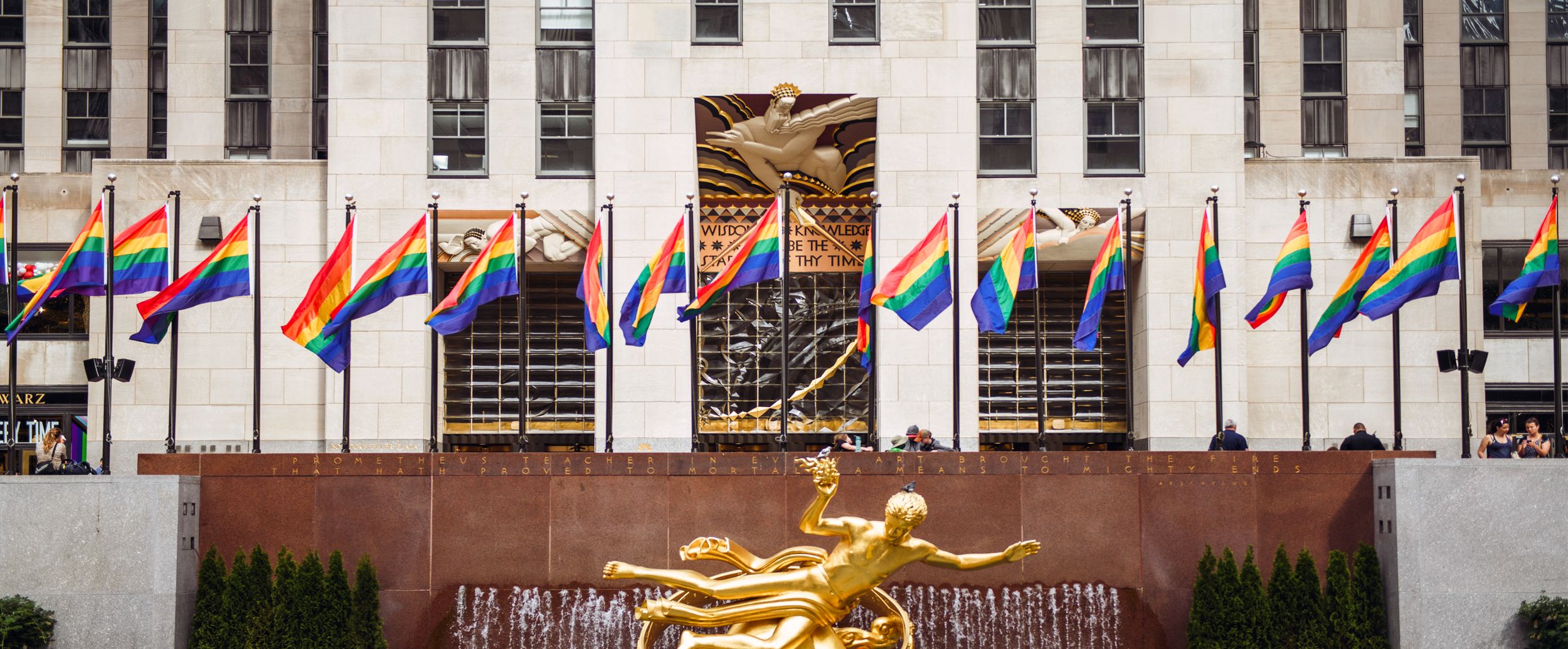 Rockefeller Center celebrates pride. Rainbow flags and Prometheus