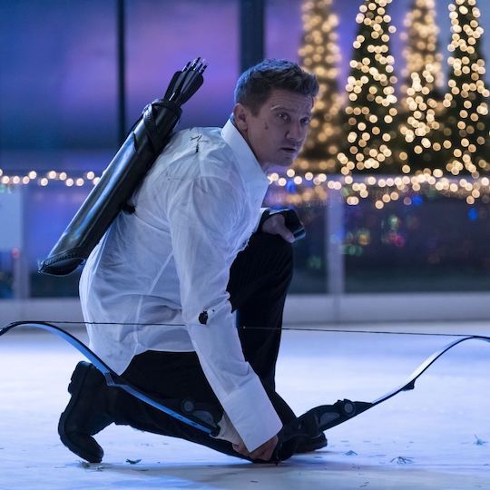 Jeremy Renner filming Hawkeye on The Rink at Rockefeller Center