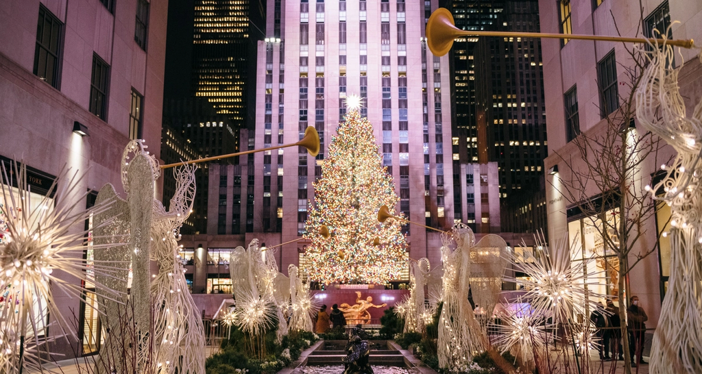  View of the Rockefeller Center Christmas Tree from the Channel Gardens