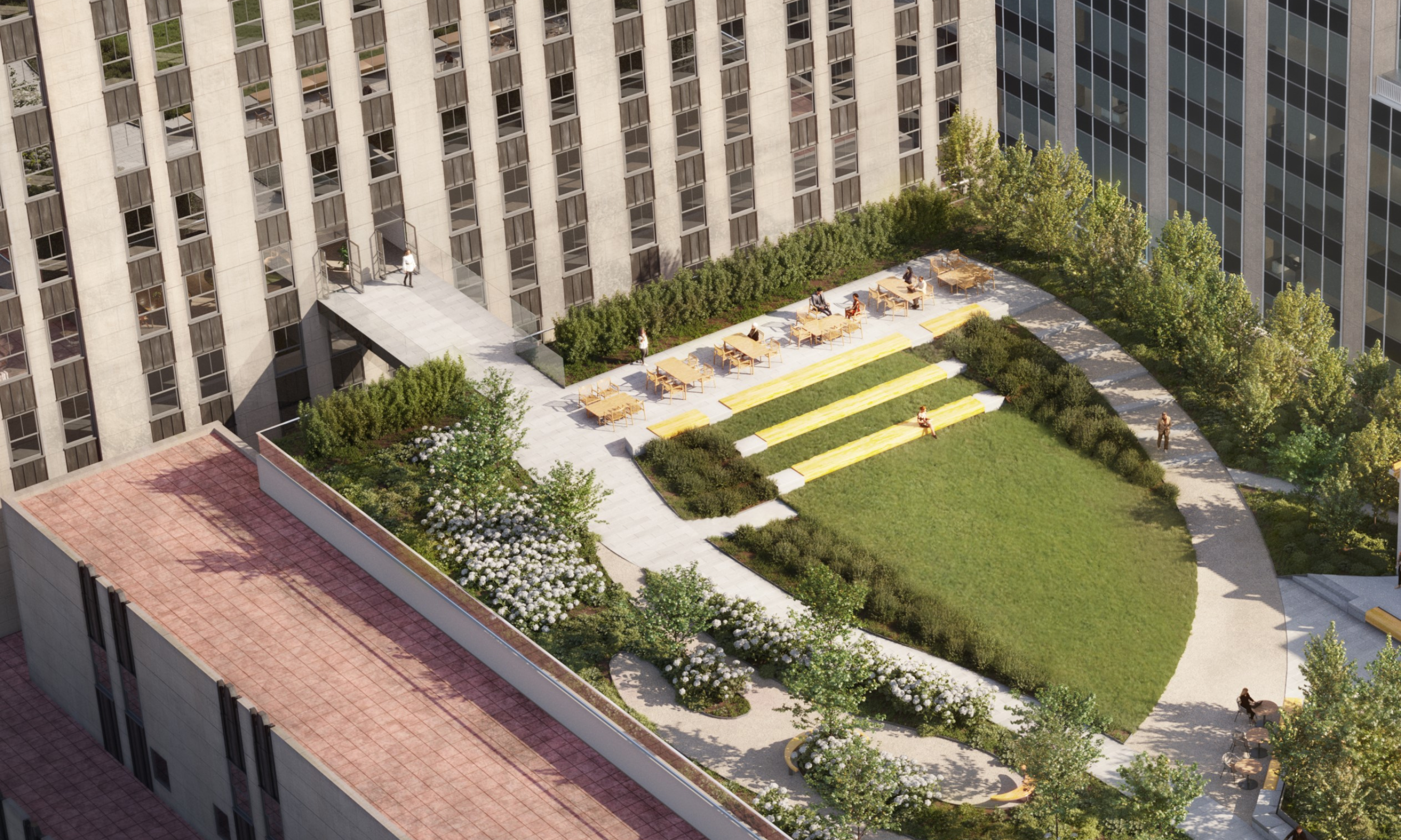 Aerial view of the bridge connecting Radio Park to the Radio Park West Lounge at 1270 Avenue of the Americas