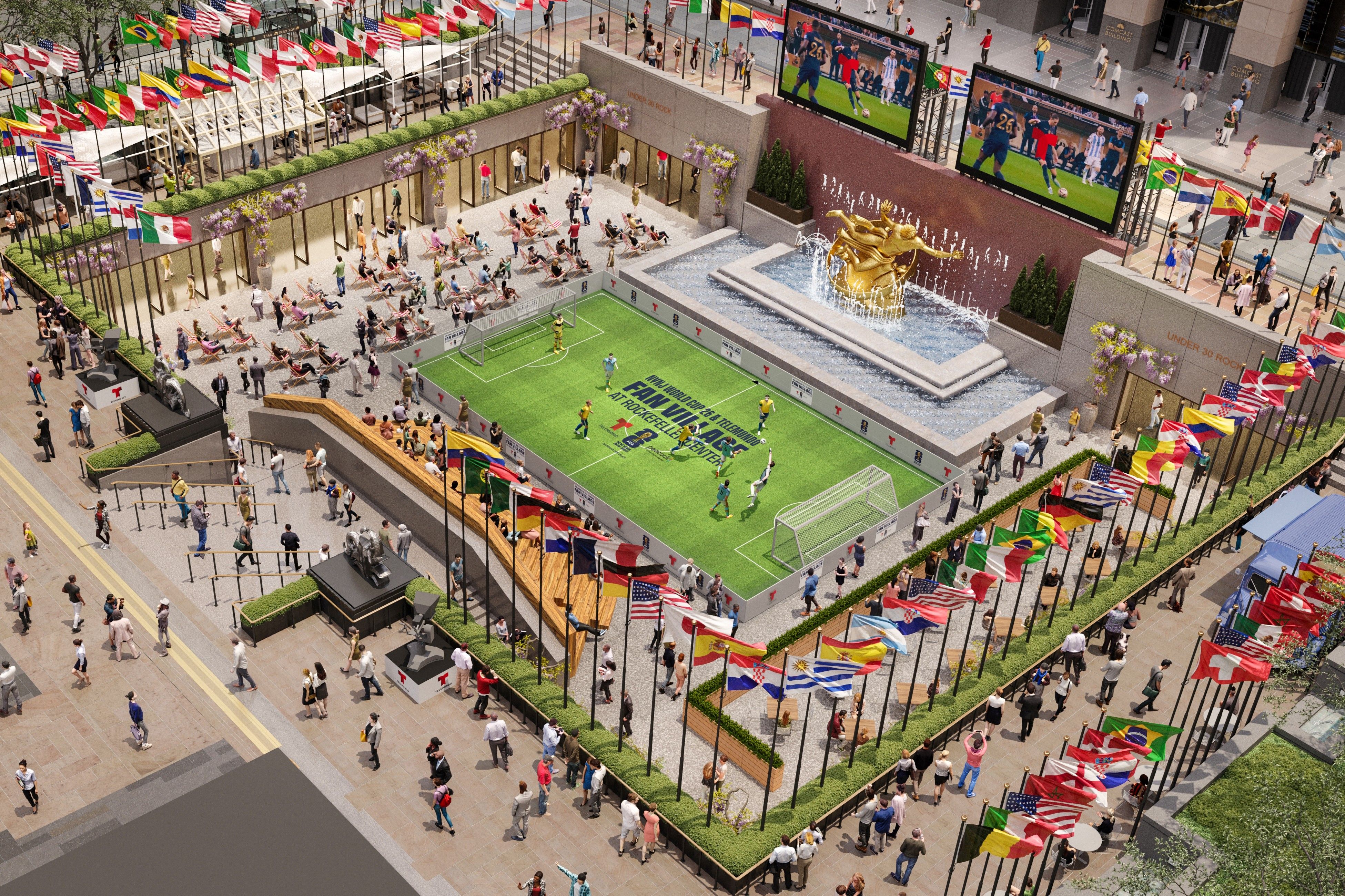 Rendering of NYNJ World Cup 26 & Telemundo Fan Village at Rockefeller Center