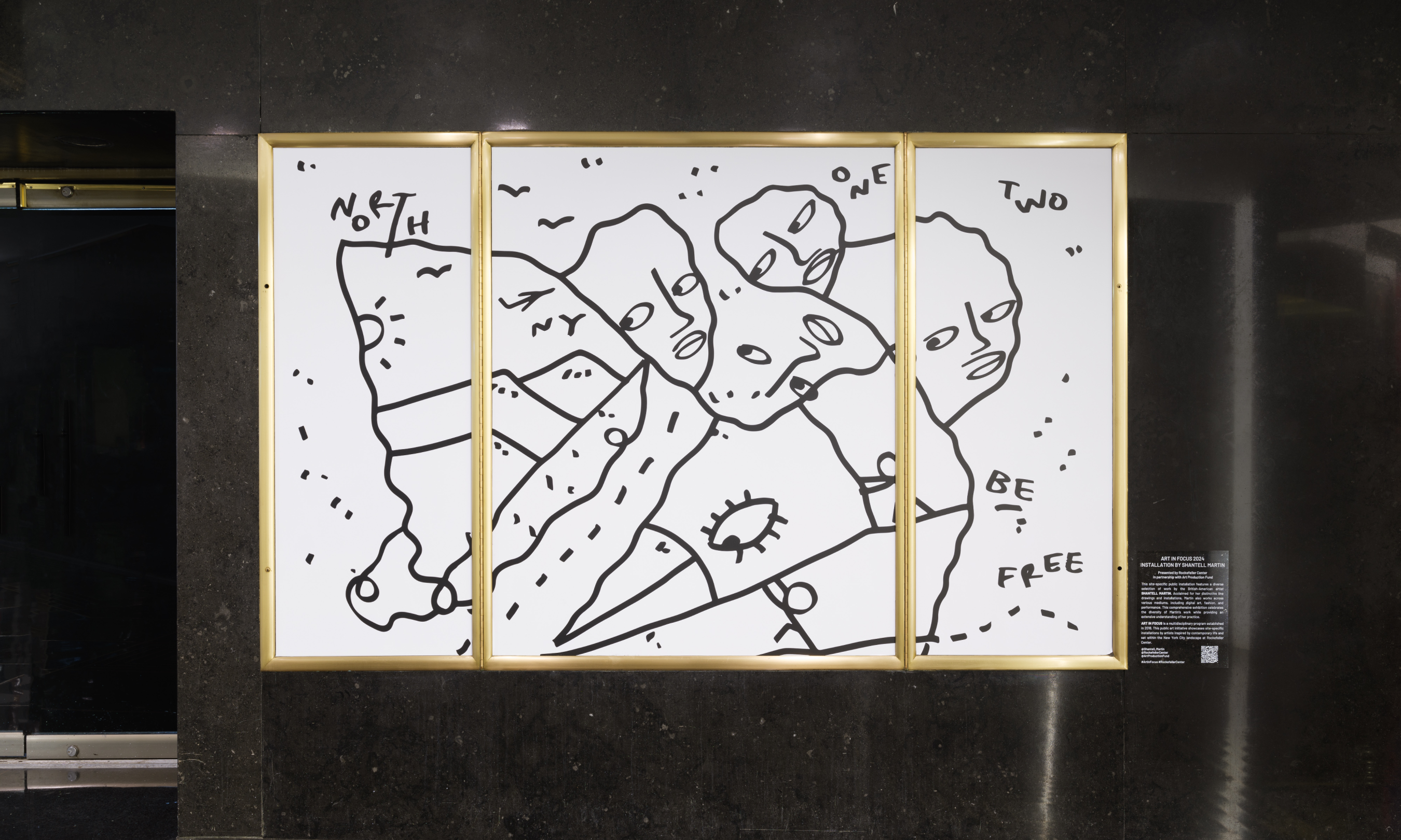 A black-and-white line drawing by Shantell Martin at Rockefeller Center