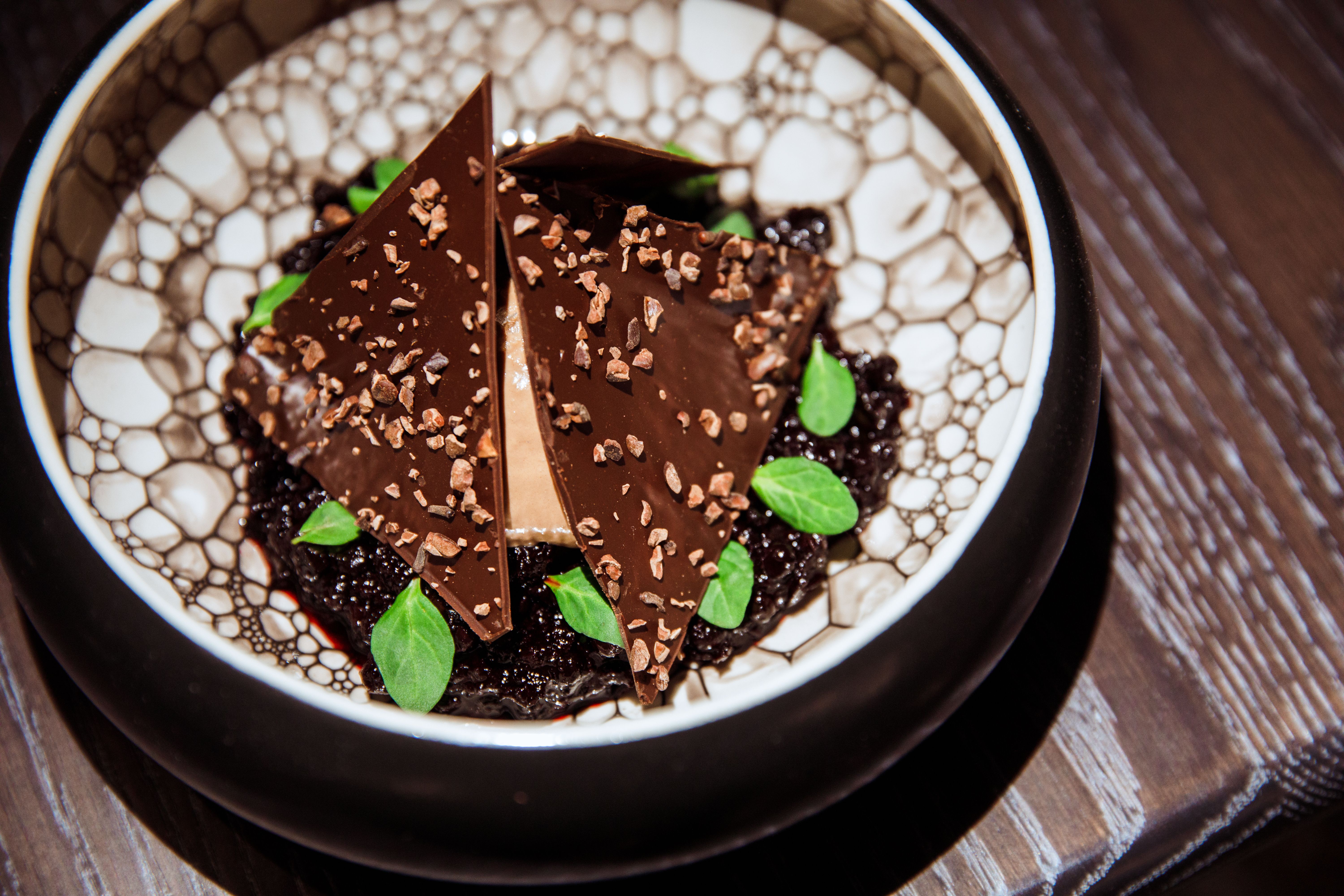 Chocolate & huckleberry dessert from Five Acres at Rockefeller Center