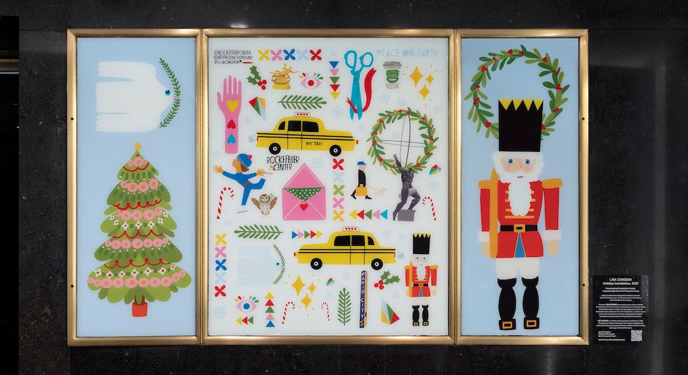 Holiday illustrations by artist Lisa Congdon on display at Rockefeller Center