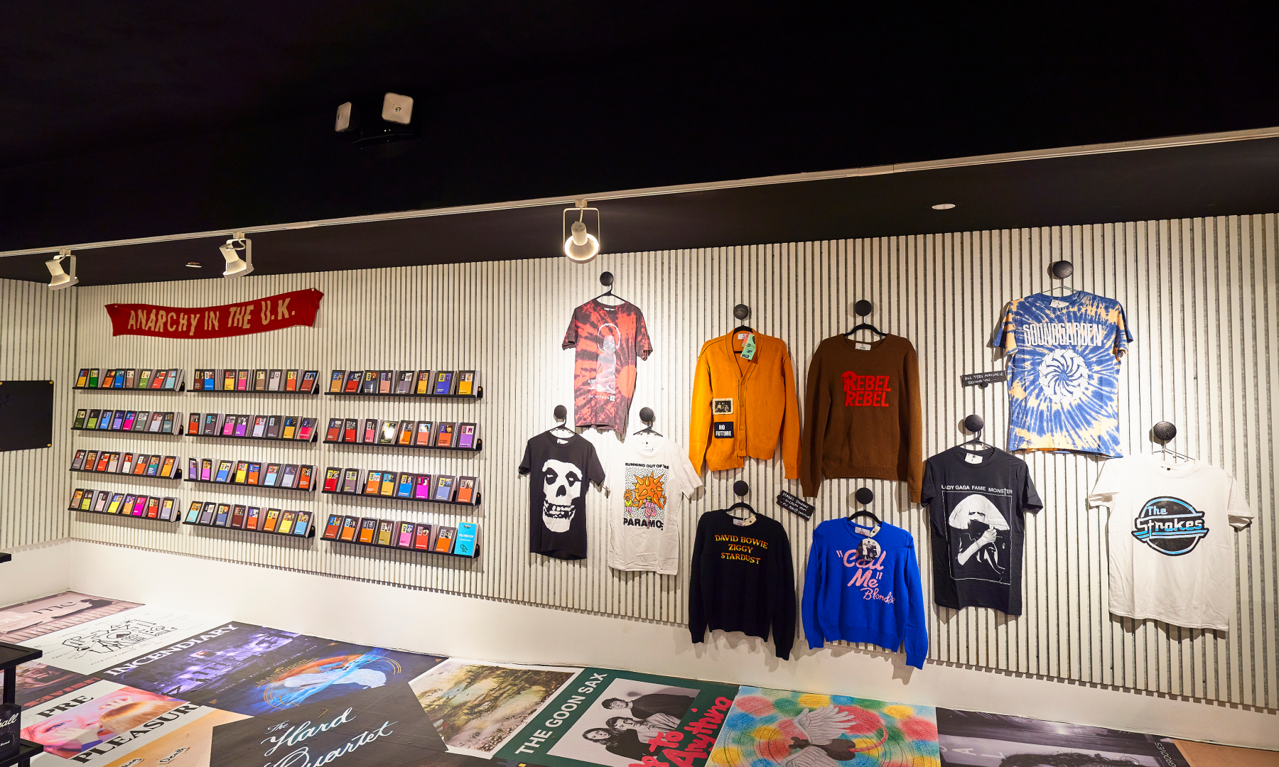 Records and various merch on display at Rough Trade Below