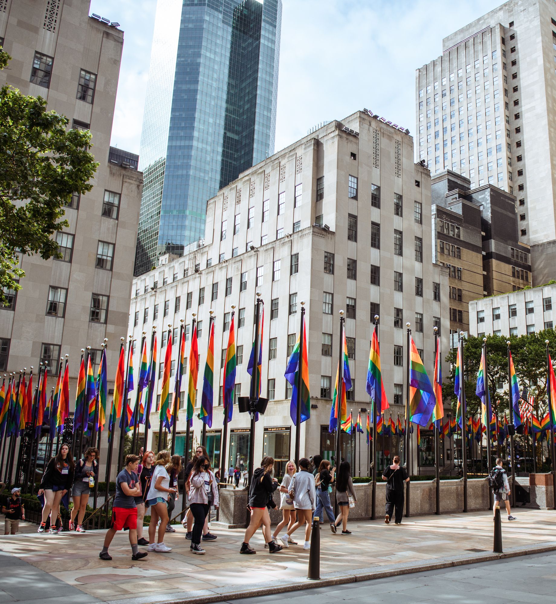 Pride flags on display throughout Rockefeller Center