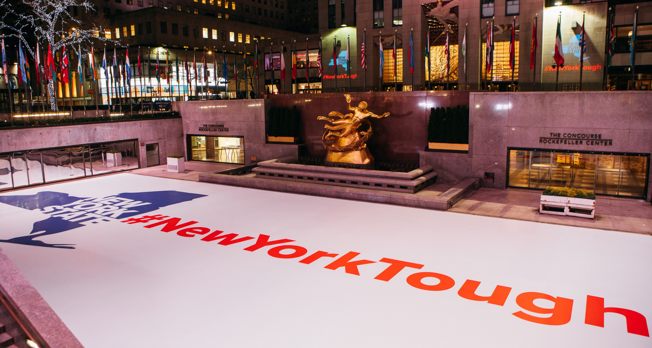 2020 #NewYorkTough displayed on the Rockefeller Center Ice Rink