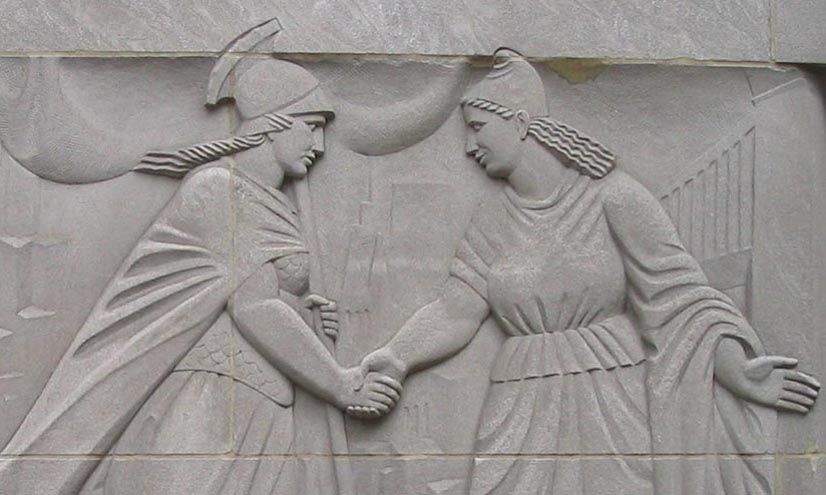 Columbia Greeting a Woman and Boatman Unfurling a Sail