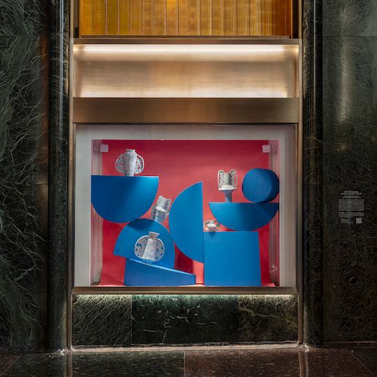 Ceramic vessels by artist Emily Mullin on display at Rockefeller Center