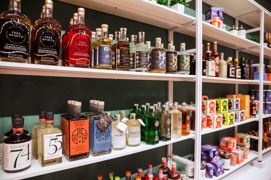 Shelves of non-alcoholic beverages and mixers at Boisson at Rockefeller Center