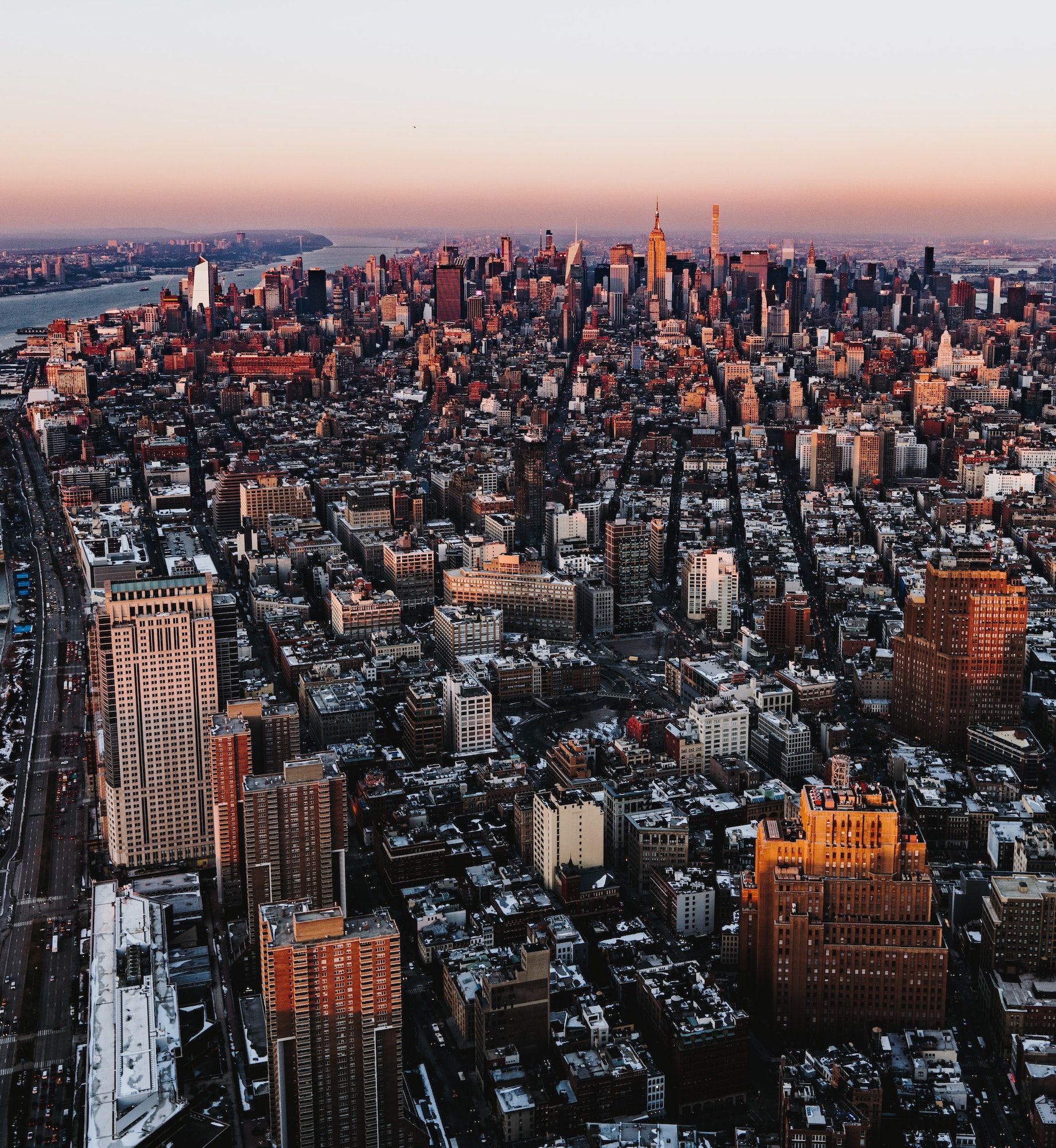 Aerial view of the New York City skyline at sunset