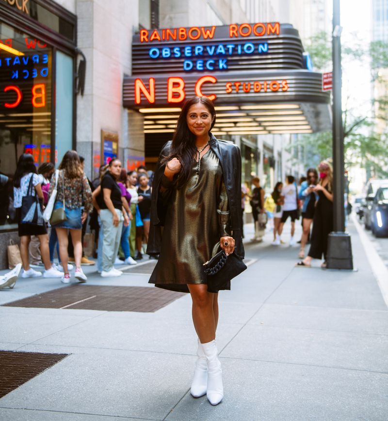 Model dressed in Jill Lindsey in front of NBC Studios at Rockefeller Center
