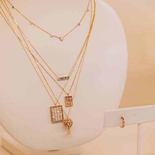 Necklaces on display at Catbird's new store at Rockefeller Center