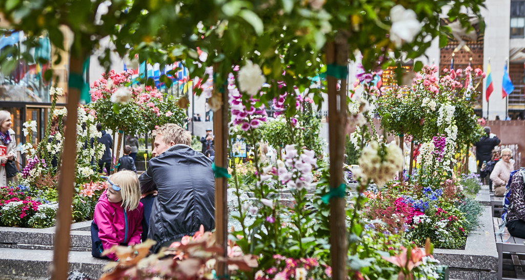 Visitors sit among the Spring Splendor installation, surrounded by exotic floral arrangements and decorative shrubbery