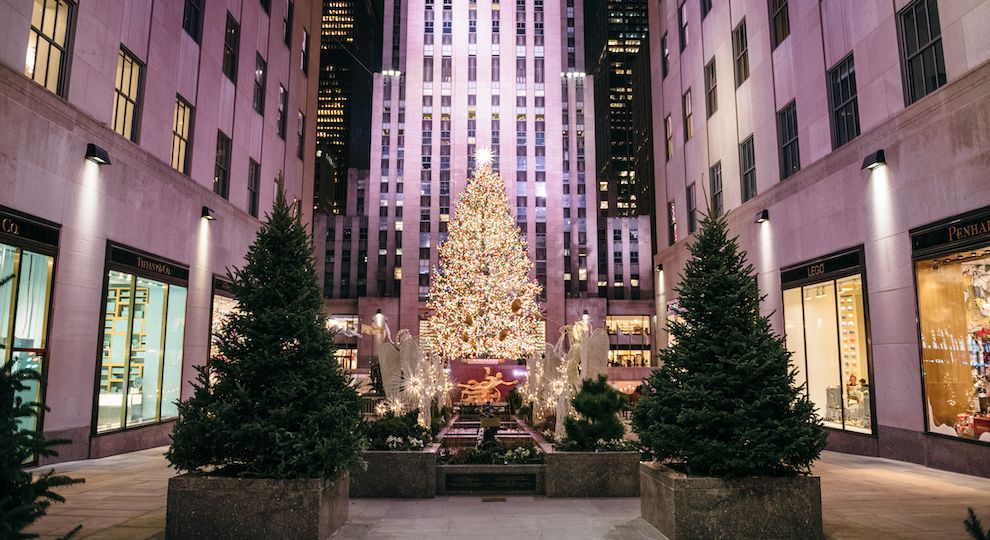 View of the 2020 Rockefeller Center Christmas Tree from Channel Gardens