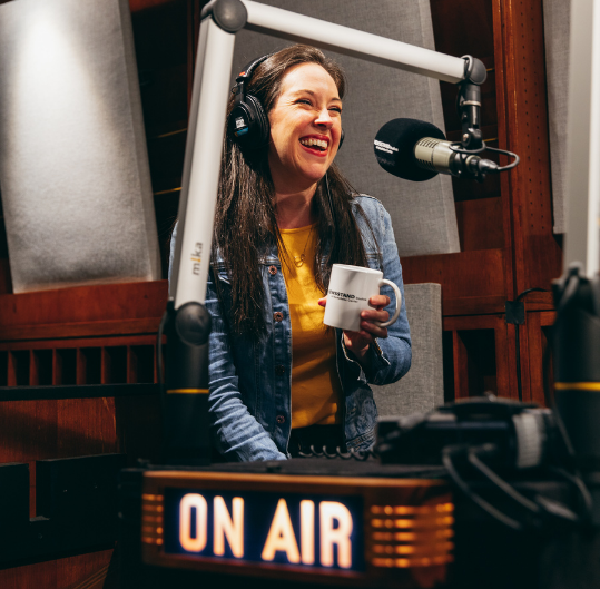Sarah Armstrong-Brown recording a podcast at Newsstand Studios