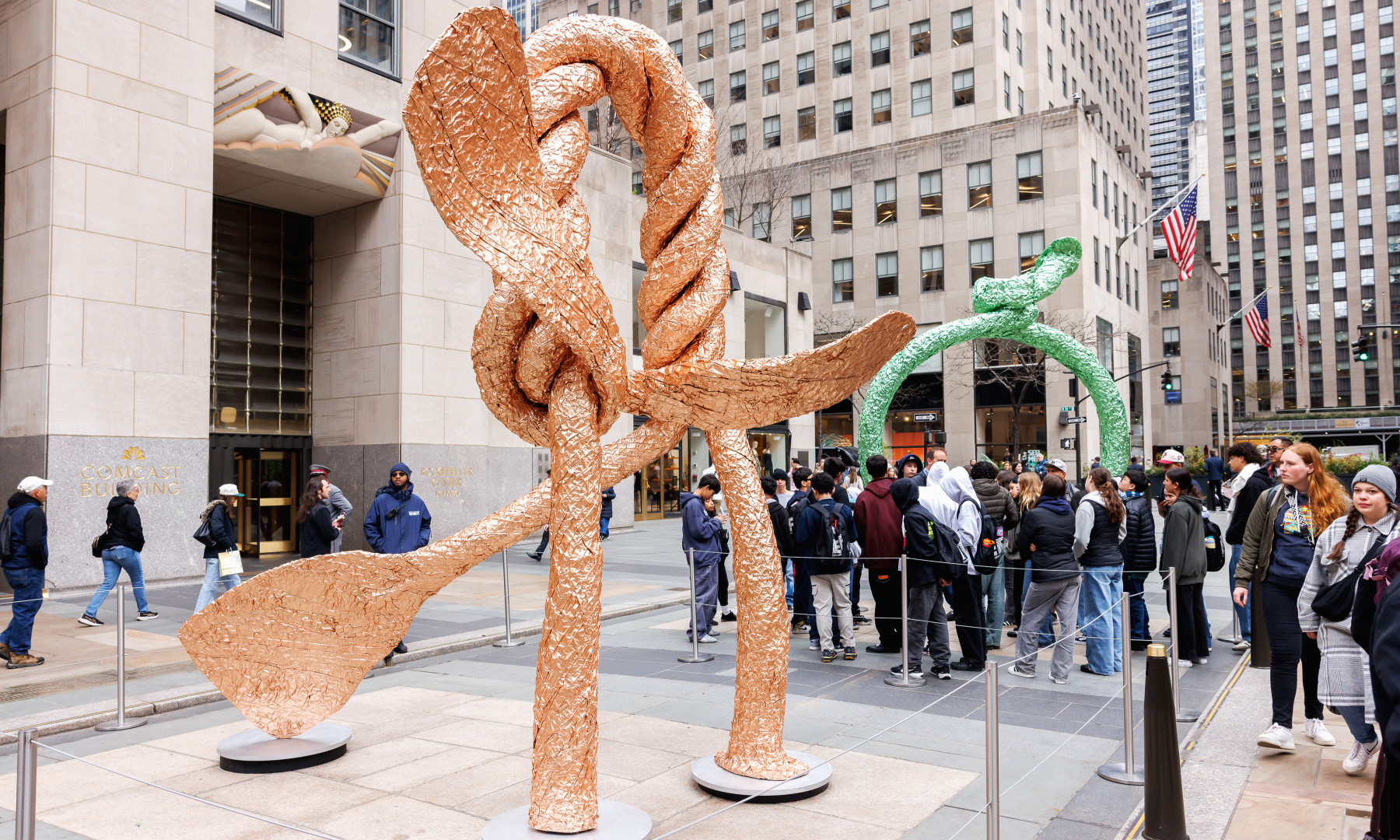 Artist John Chamberlain's copper BALMYWISECRACK sculpture on Rockefeller Center's Center Plaza