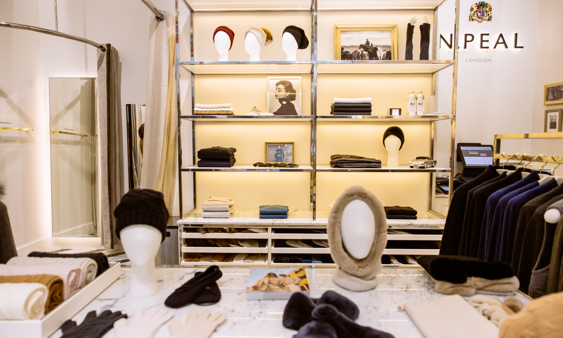 Hats, scarves, and gloves on display at N.Peal at Rockefeller Center