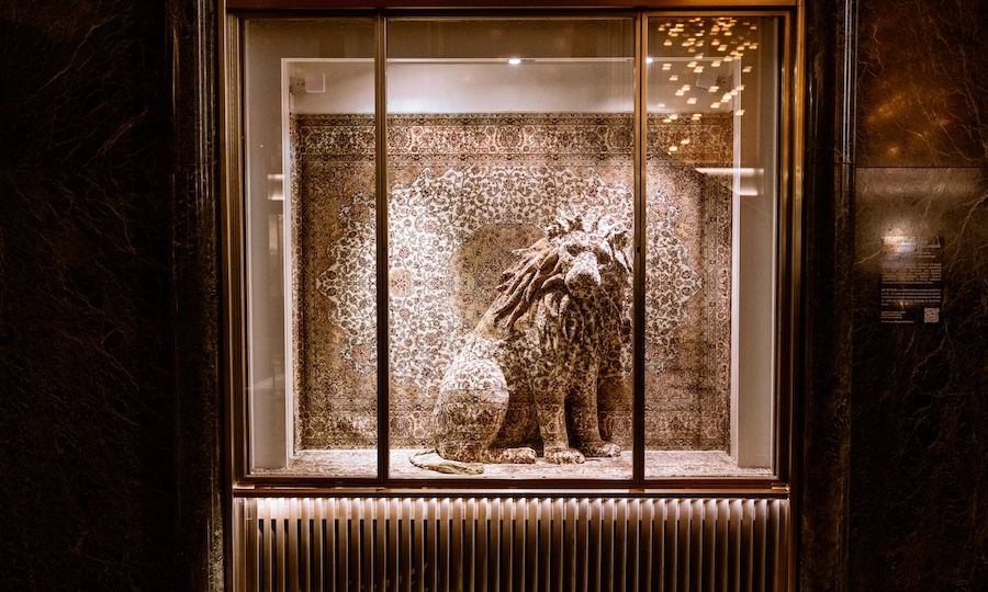 Lion sculpture by artist Debbie Lawson on display at Rockefeller Center