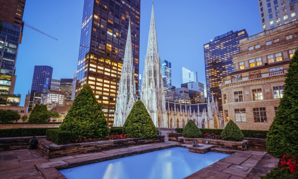 View of St. Patrick's Cathedral at dusk from 620 Loft & Garden