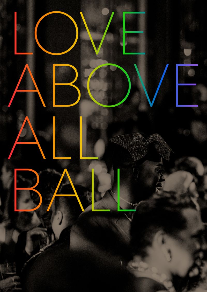Black and white image of a crowd at a party. Love Above All Ball is written across.