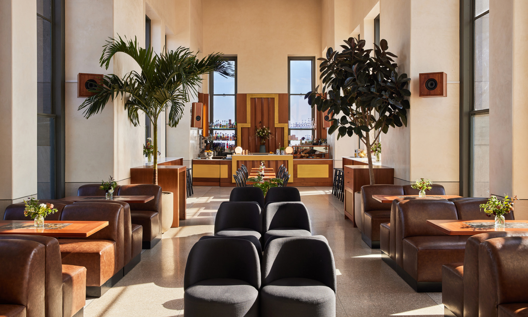 The bar and seating area inside The Weather Room at Top of the Rock