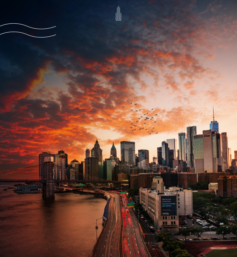 View of the New York City skyline at sunset
