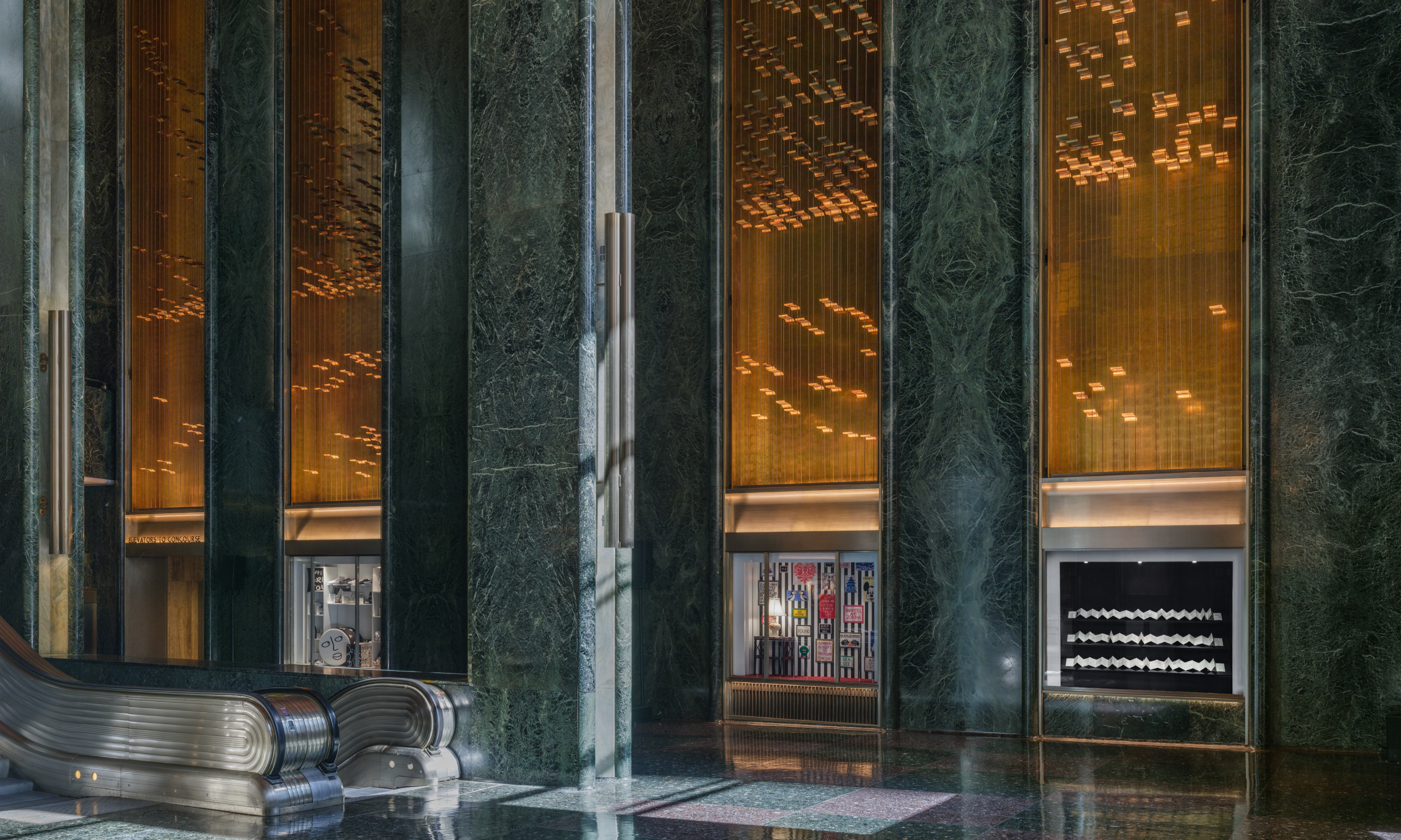 Artist Shantell Martin's work on display in vitrines at Rockefeller Center