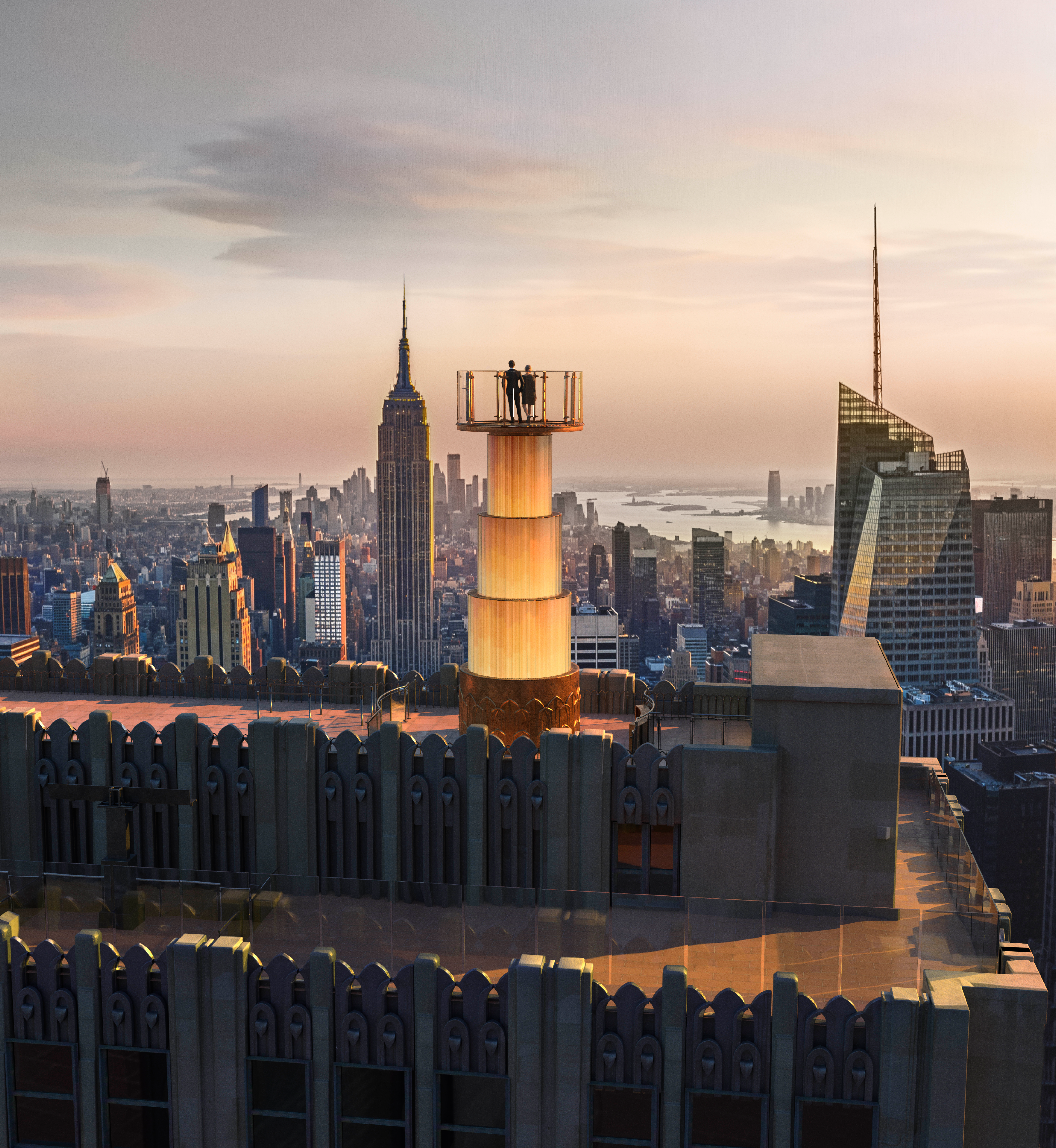 Rendering of two people experiencing Top of the Rock's Skylift at sunset