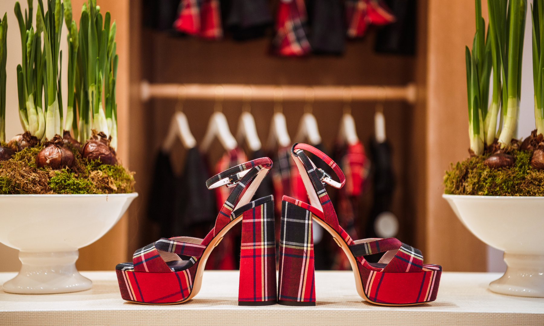 Plaid high heels on display at Hill House Home at Rockefeller Center