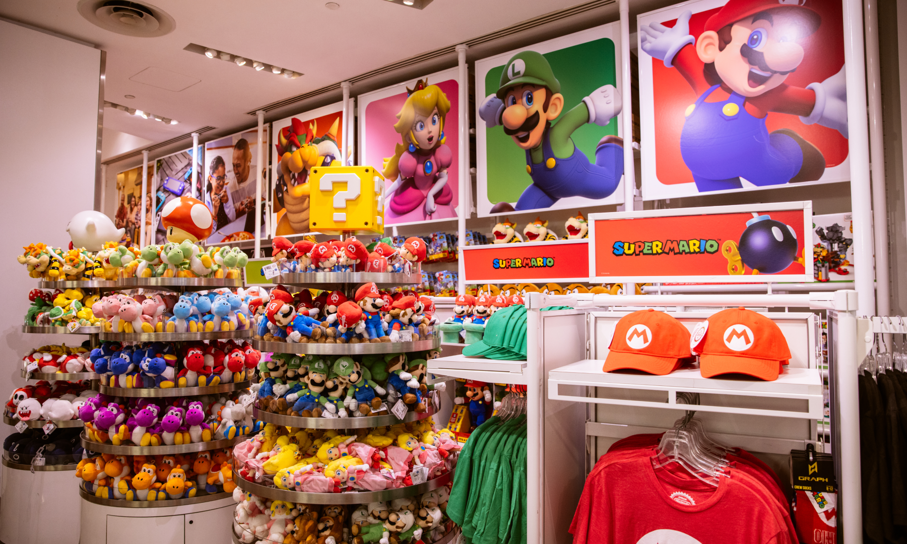 Super Mario Bros. merchandise available for purchase at Nintendo NY at Rockefeller Center