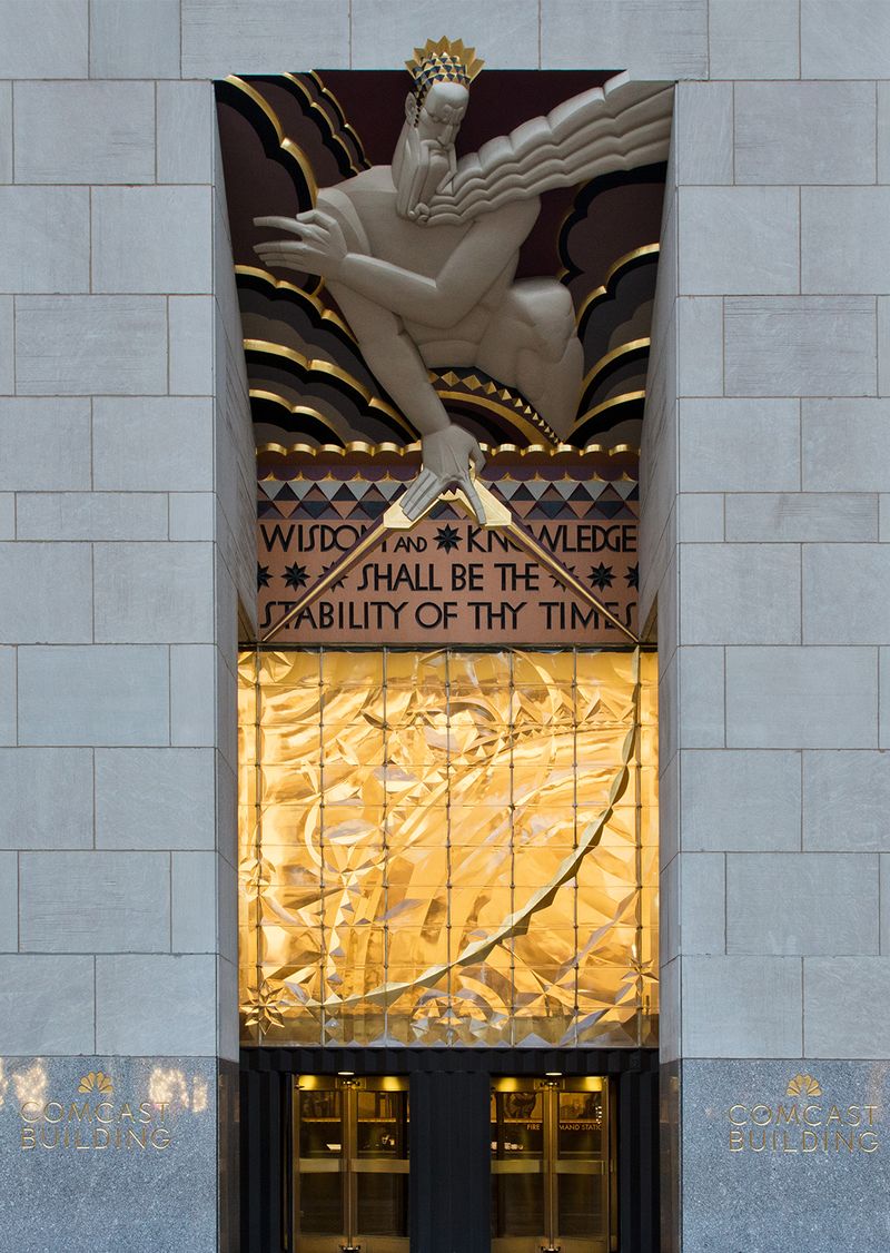 Wisdom sculpture by Lee Lawrie above the main entrance to 30 Rockefeller Plaza.