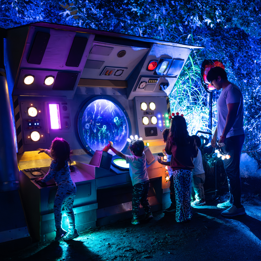 A father and three children playing with a light display at the Bronx Zoo