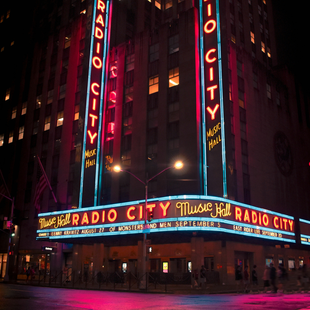 The exterior of Radio City Music Hall at night