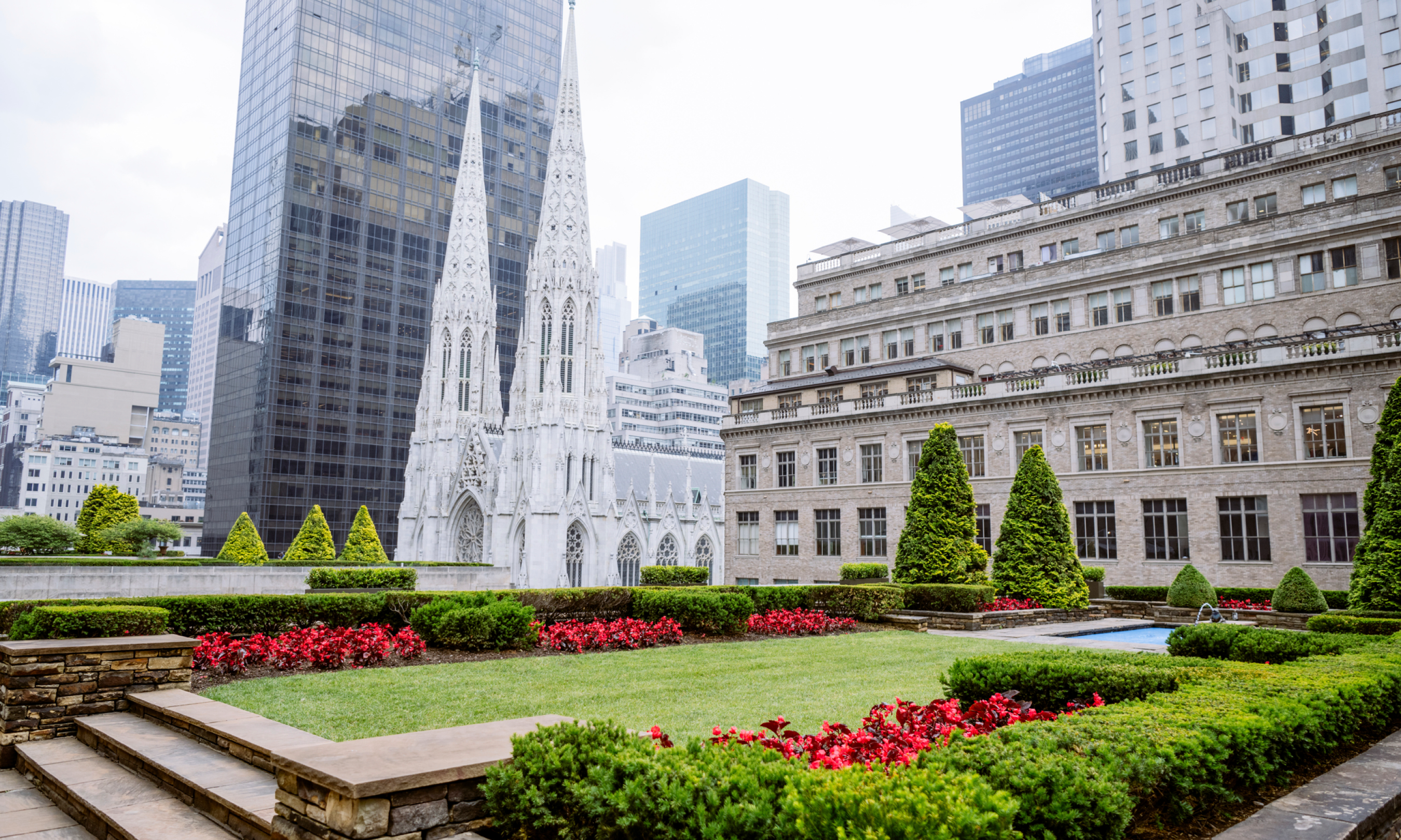 View of St. Patrick's Cathedral from the rooftop lawn at 610 and 620 Loft & Garden
