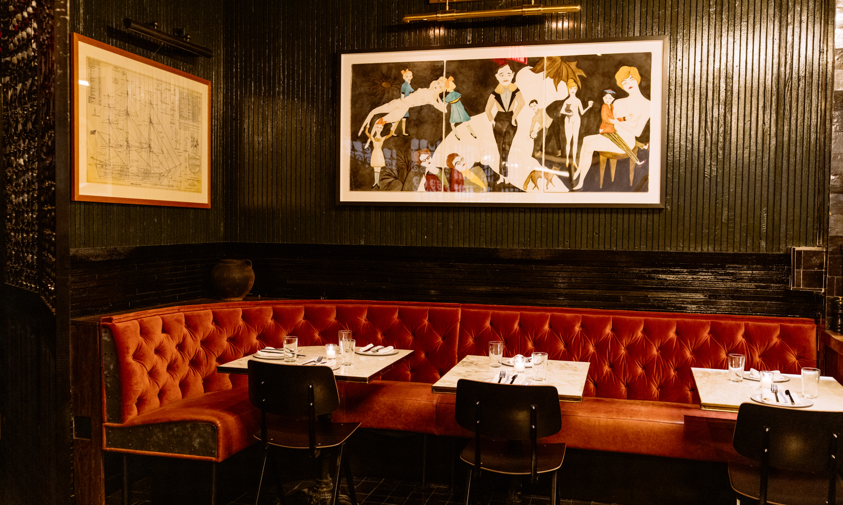Curved booth seating at Smith & Mills at Rockefeller Center