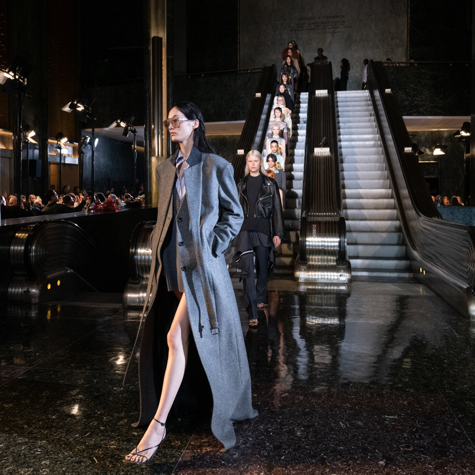 Models walking in the Monse fashion show at Rockefeller Center