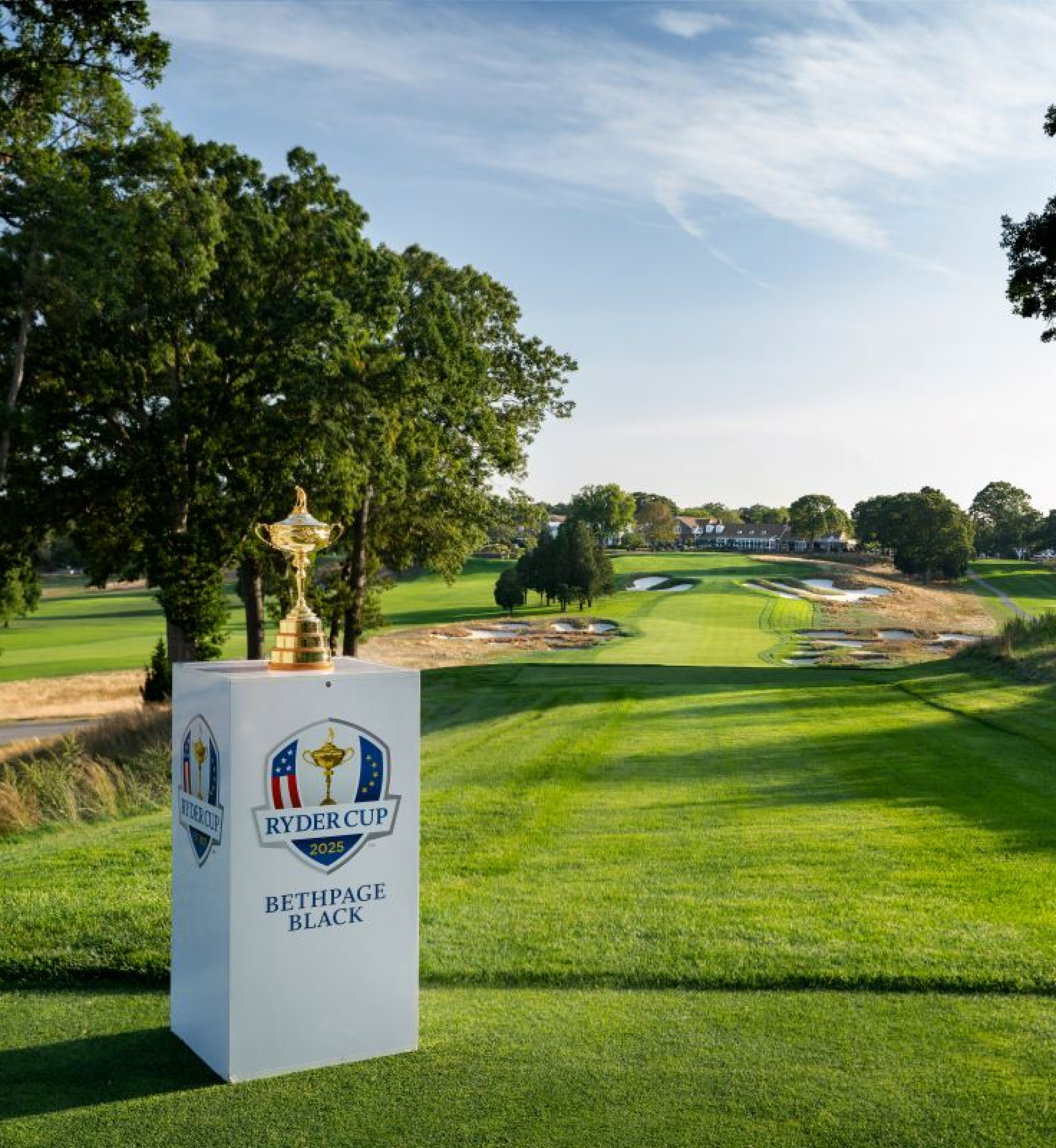 The Ryder Cup trophy sitting on a pedastal at Bethpage Park