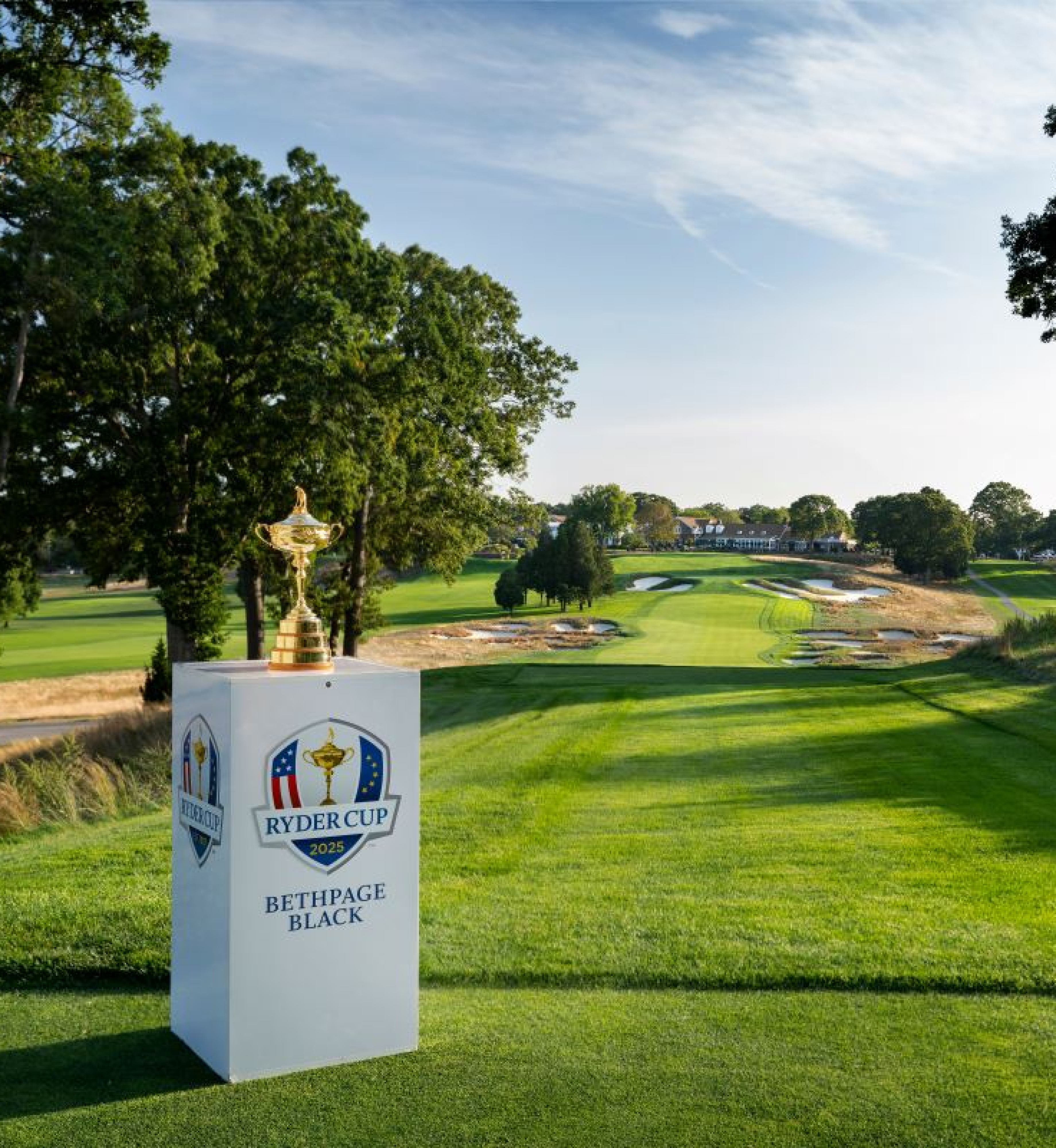 The Ryder Cup trophy sitting on a pedastal at Bethpage Park